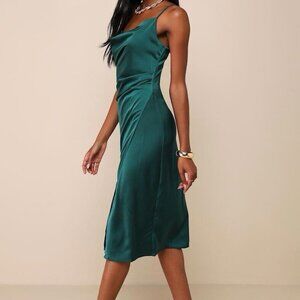 Lulus Women's Medium Hollywood Forest Green Satin Midi Dress Formal Wedding